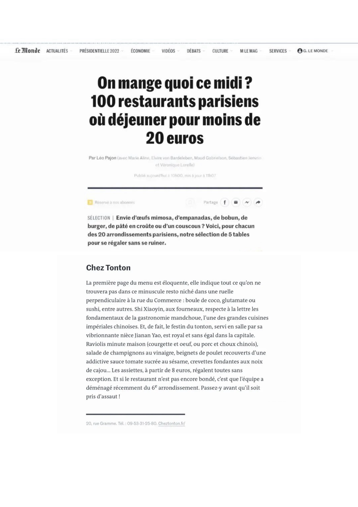 Article Le Monde consacré à CHEZ TONTON